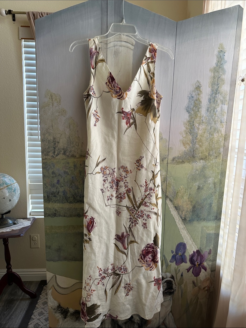 Floral V-Neck Midi Dress in Cream and Purple Jones, New York